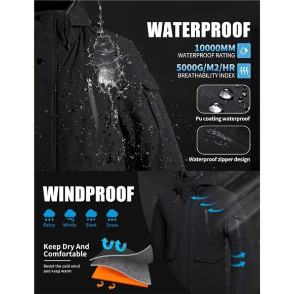 Men's Winter Coat Fleece with 9 Pockets Insulated Windproof Hooded Parka - Picture 3 of 6